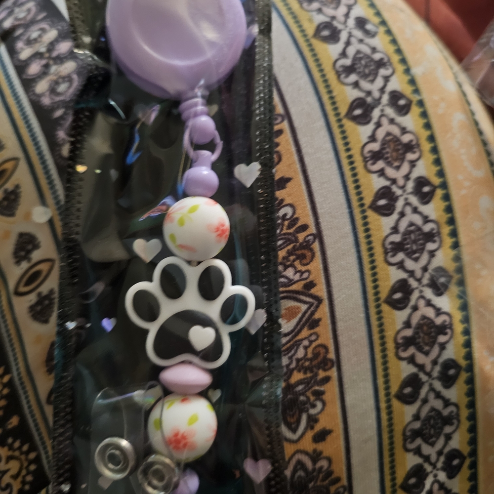 Purple and White Paw Print Keychain Id Badge Holder